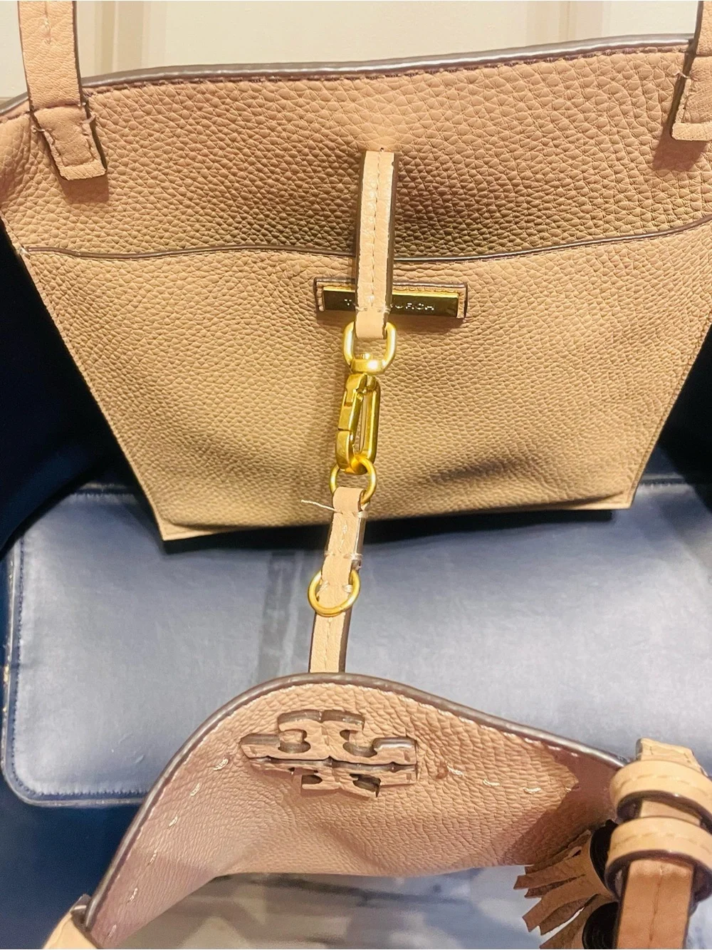 Tory Burch Pebbled Leather Tassel Tote in Tan